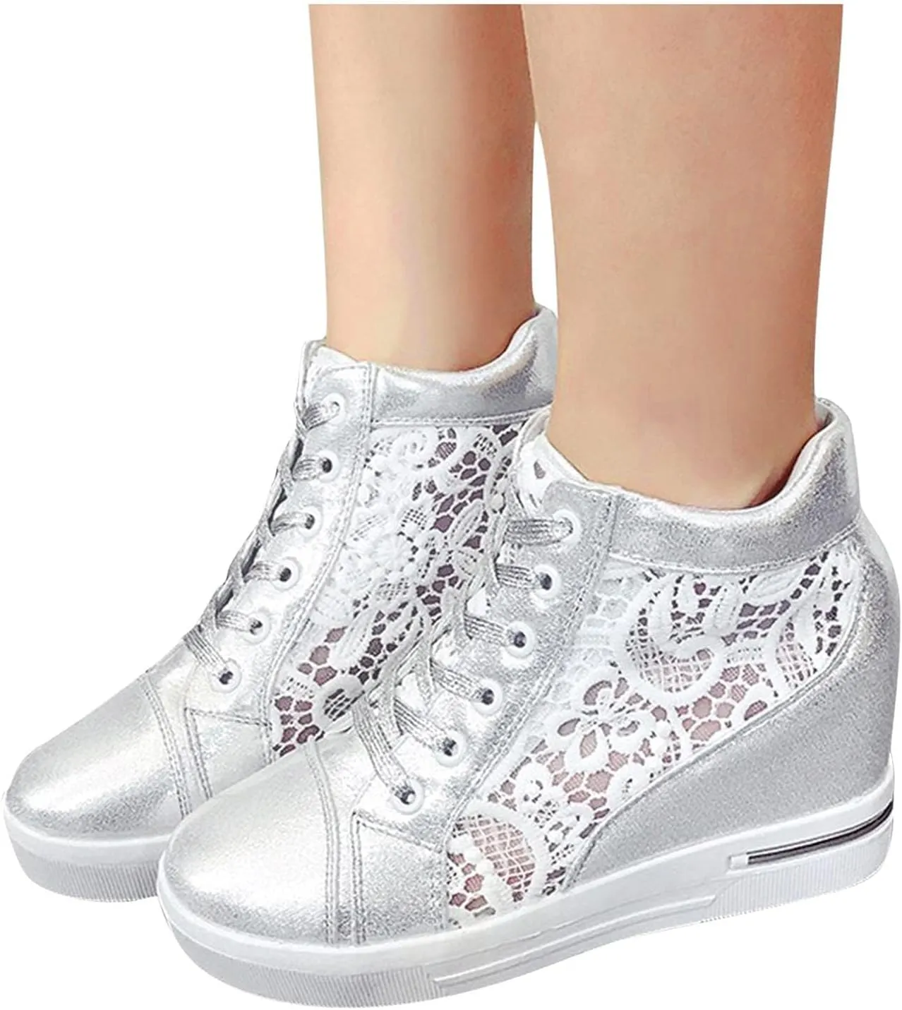 Women Wedges Sneakers with Hidden Heel Lace Crochet Lace up Chunky Bottom High Heels Canvas Shoes Loafers