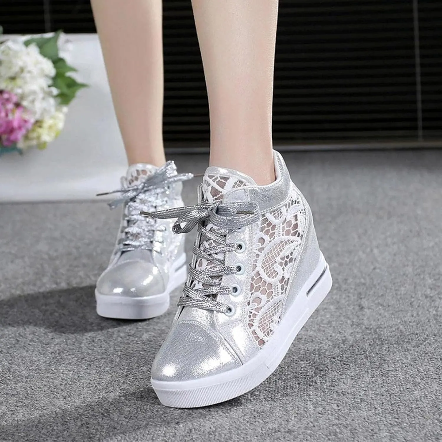 Women Wedges Sneakers with Hidden Heel Lace Crochet Lace up Chunky Bottom High Heels Canvas Shoes Loafers
