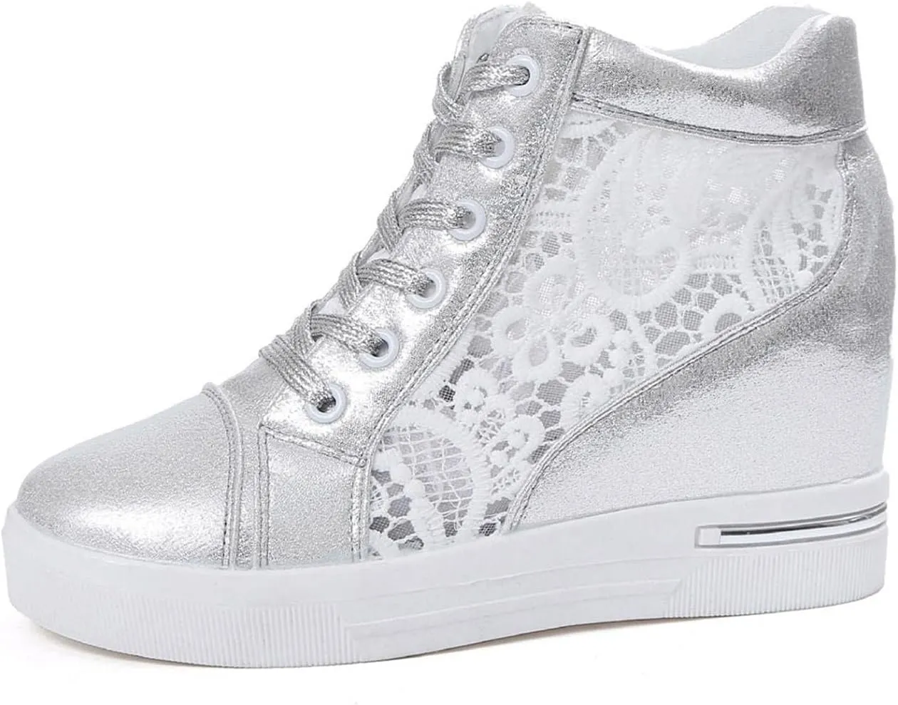 Women Wedges Sneakers with Hidden Heel Lace Crochet Lace up Chunky Bottom High Heels Canvas Shoes Loafers