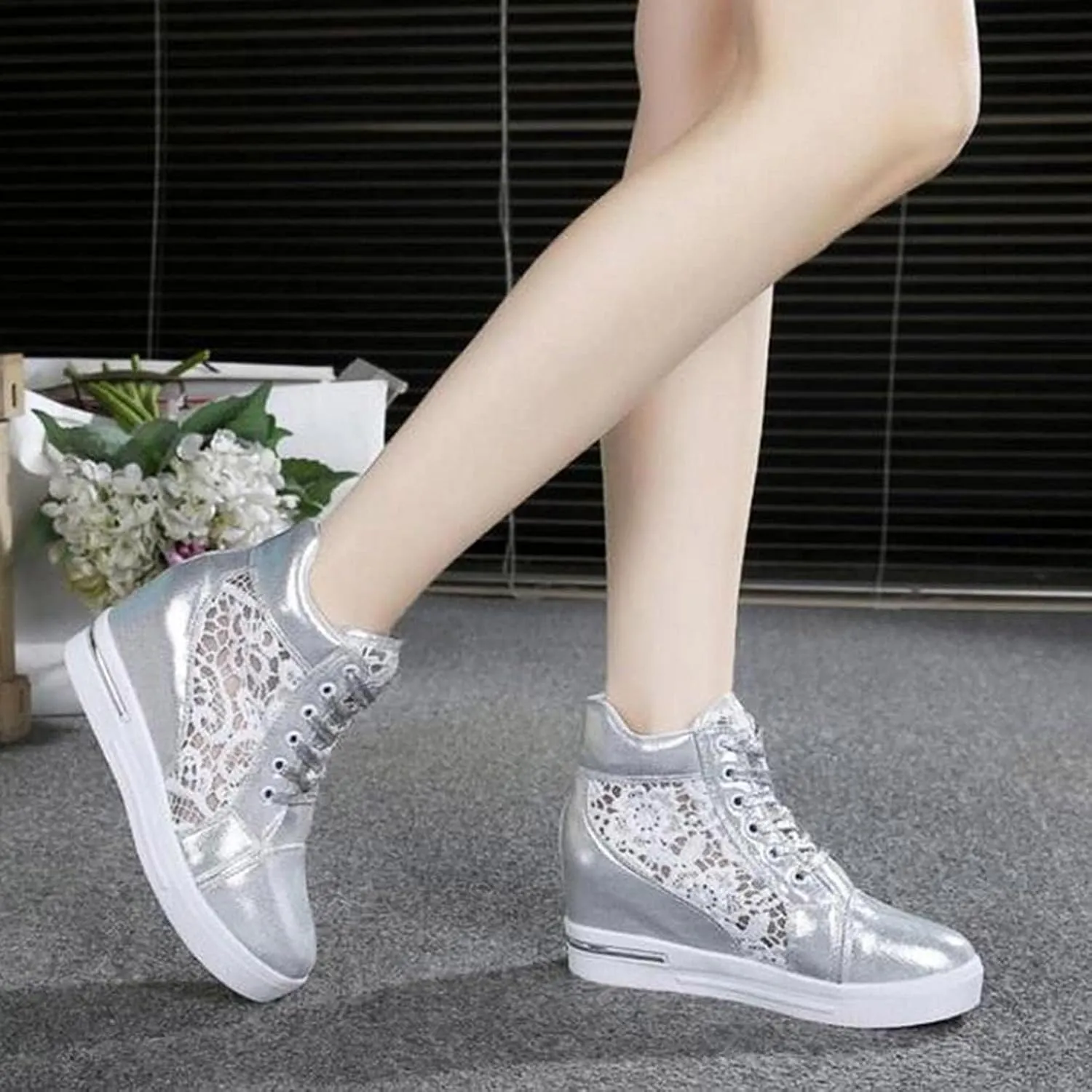 Women Wedges Sneakers with Hidden Heel Lace Crochet Lace up Chunky Bottom High Heels Canvas Shoes Loafers