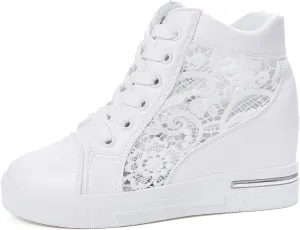 Women Wedges Sneakers with Hidden Heel Lace Crochet Lace up Chunky Bottom High Heels Canvas Shoes Loafers