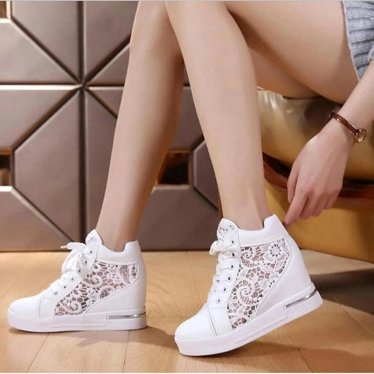 Women Wedges Sneakers with Hidden Heel Lace Crochet Lace up Chunky Bottom High Heels Canvas Shoes Loafers