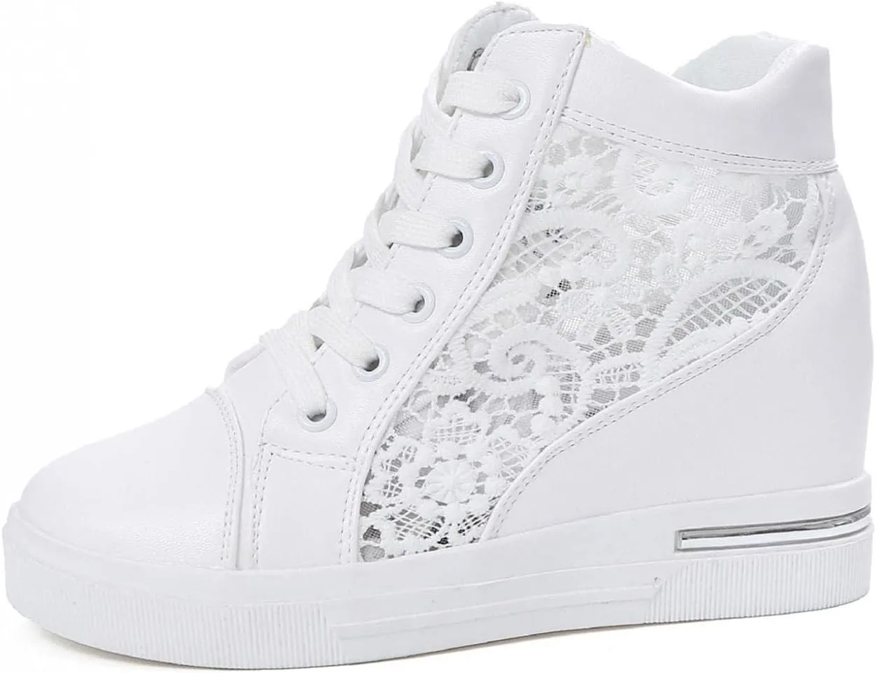 Women Wedges Sneakers with Hidden Heel Lace Crochet Lace up Chunky Bottom High Heels Canvas Shoes Loafers