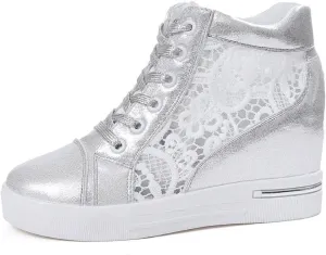 Women Wedges Sneakers with Hidden Heel Lace Crochet Lace up Chunky Bottom High Heels Canvas Shoes Loafers