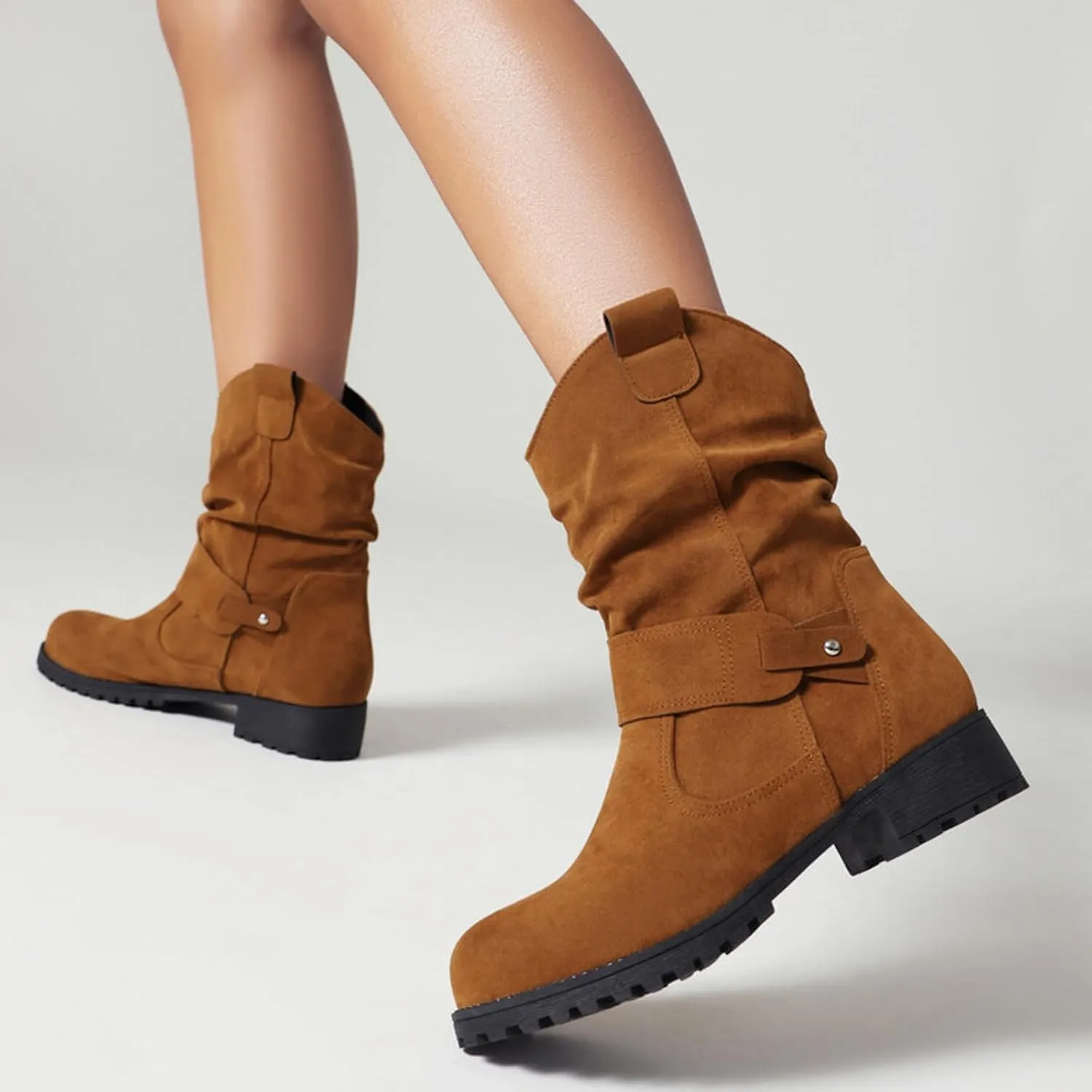Womens Ankle Boots Mid Calf Dress Boots For Women Biker Boots Women Round Toe Chunky Low Heel Combat Boots Comfort Slouchy Bootie Fashion Festival Boots Riding Military Boots for Women