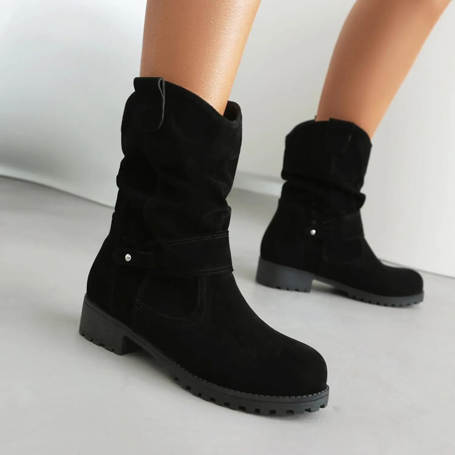 Womens Ankle Boots Mid Calf Dress Boots For Women Biker Boots Women Round Toe Chunky Low Heel Combat Boots Comfort Slouchy Bootie Fashion Festival Boots Riding Military Boots for Women