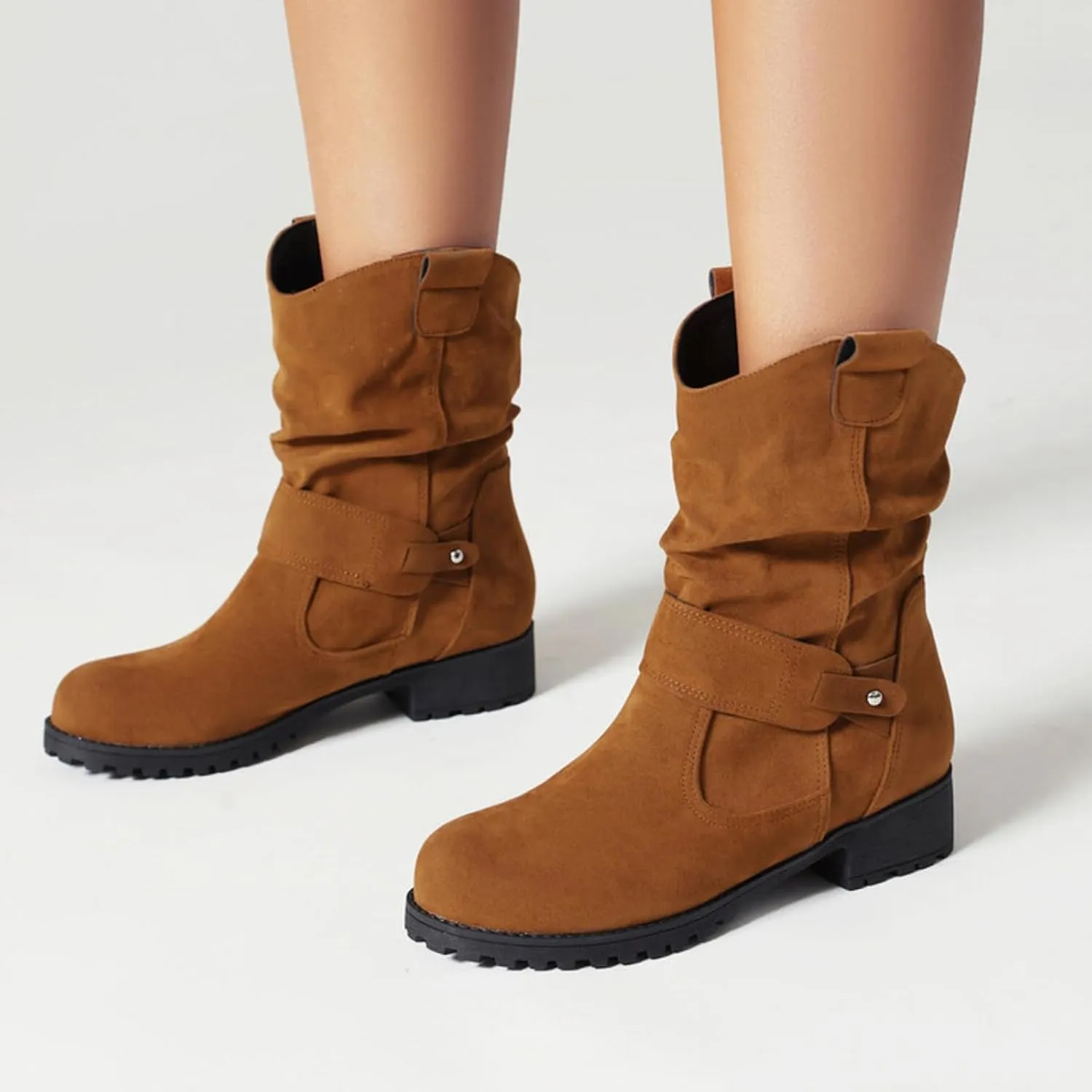 Womens Ankle Boots Mid Calf Dress Boots For Women Biker Boots Women Round Toe Chunky Low Heel Combat Boots Comfort Slouchy Bootie Fashion Festival Boots Riding Military Boots for Women