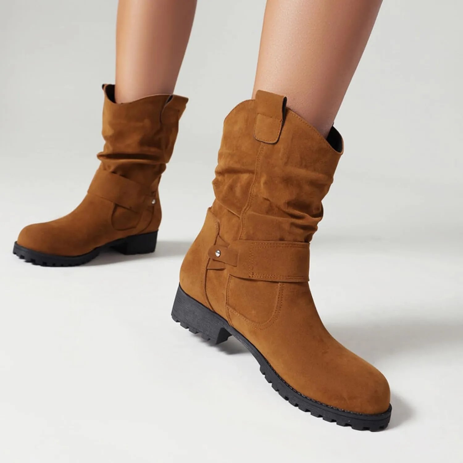 Womens Ankle Boots Mid Calf Dress Boots For Women Biker Boots Women Round Toe Chunky Low Heel Combat Boots Comfort Slouchy Bootie Fashion Festival Boots Riding Military Boots for Women