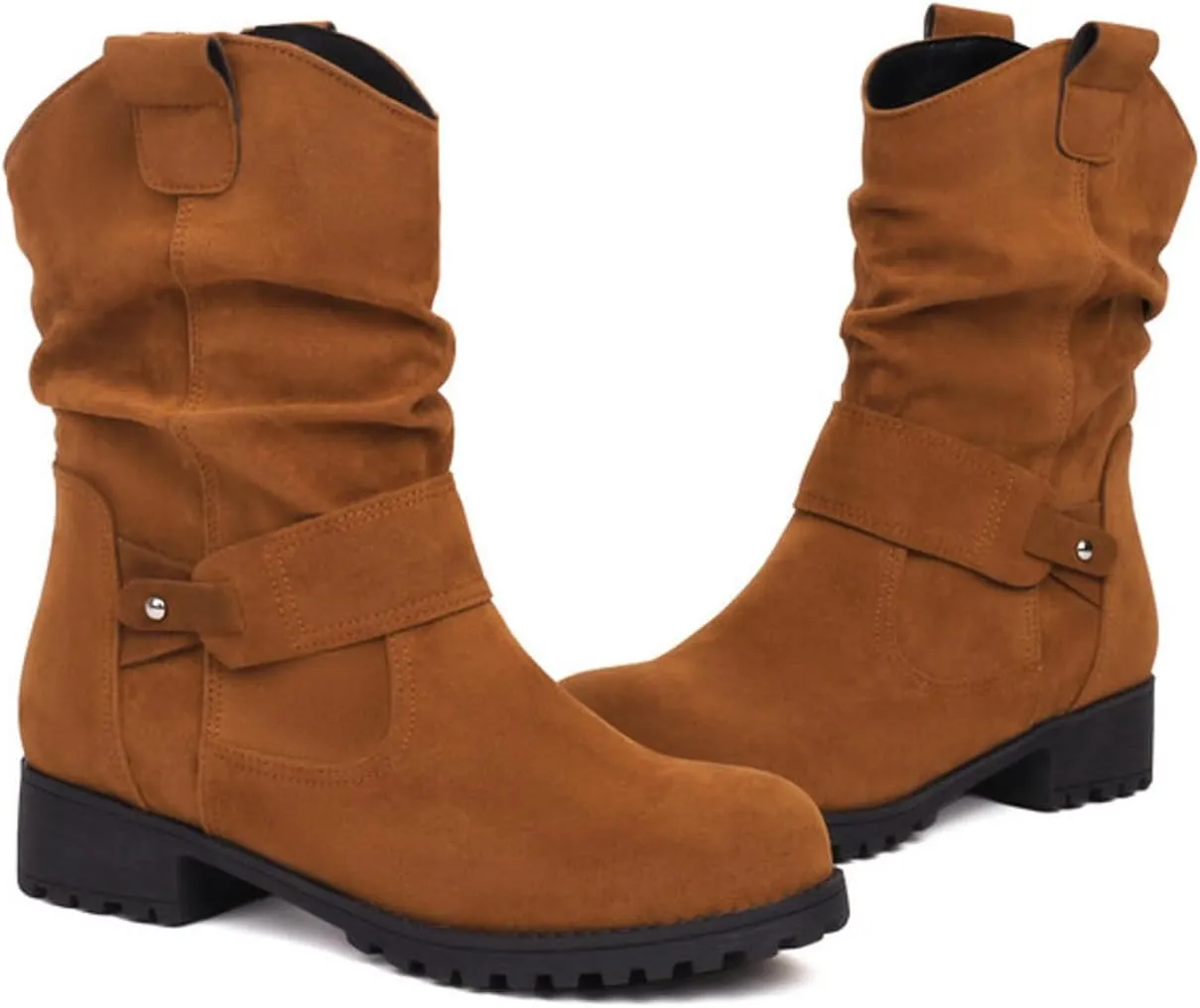 Womens Ankle Boots Mid Calf Dress Boots For Women Biker Boots Women Round Toe Chunky Low Heel Combat Boots Comfort Slouchy Bootie Fashion Festival Boots Riding Military Boots for Women