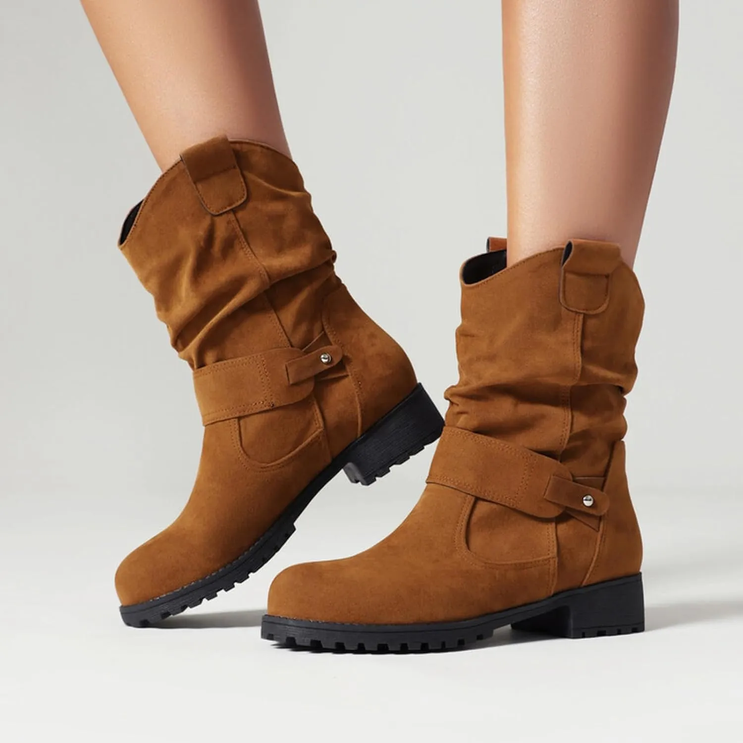 Womens Ankle Boots Mid Calf Dress Boots For Women Biker Boots Women Round Toe Chunky Low Heel Combat Boots Comfort Slouchy Bootie Fashion Festival Boots Riding Military Boots for Women