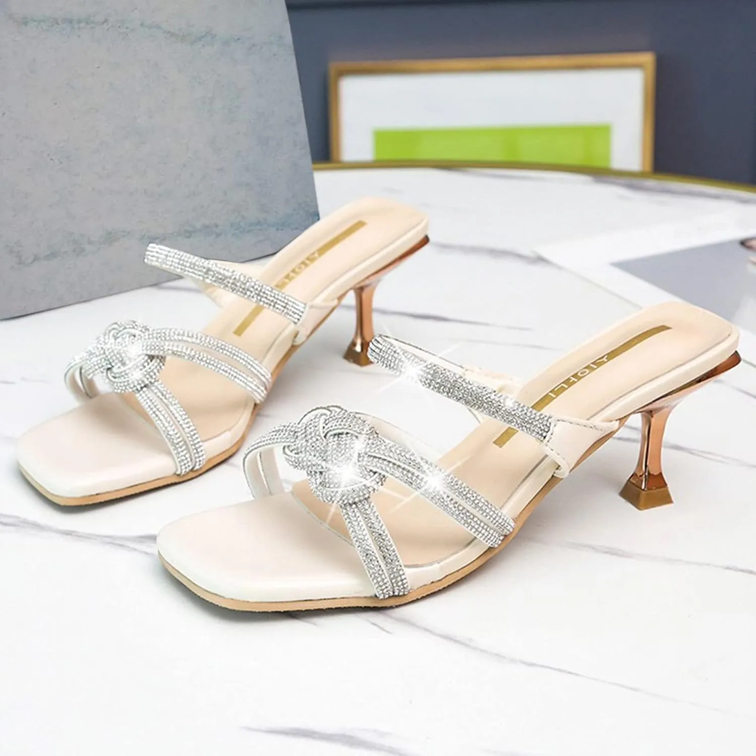 Women's Heeled Sandals Open Toe Stiletto Heel Slingback Pumps Square Toe Double Strap Mules for Part Wedding