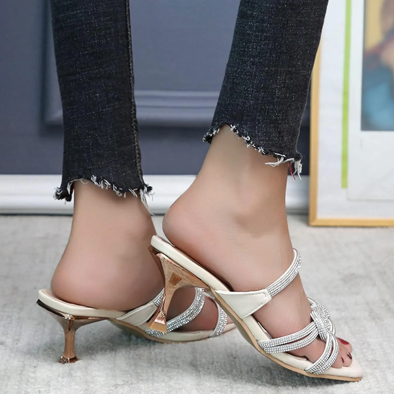 Women's Heeled Sandals Open Toe Stiletto Heel Slingback Pumps Square Toe Double Strap Mules for Part Wedding
