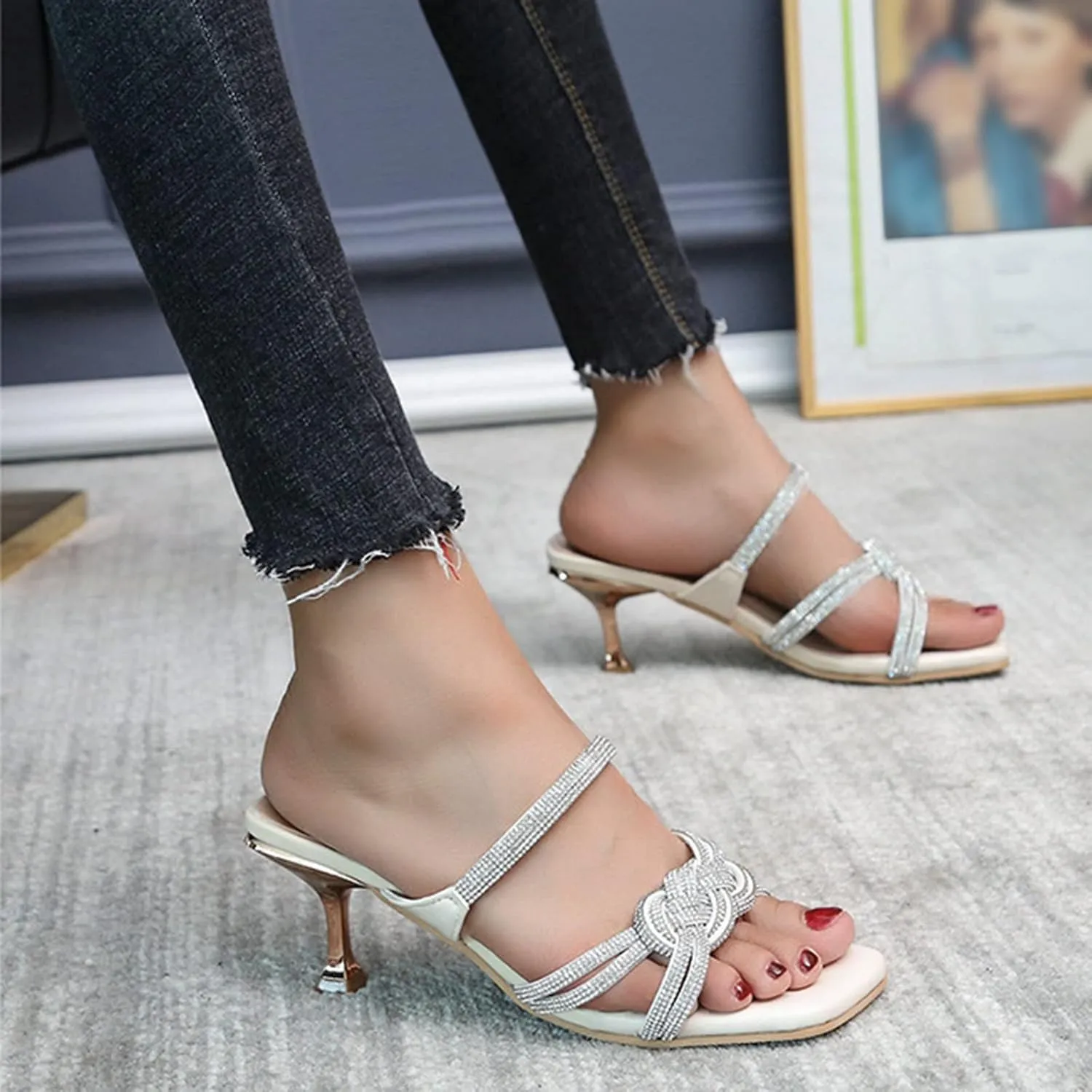 Women's Heeled Sandals Open Toe Stiletto Heel Slingback Pumps Square Toe Double Strap Mules for Part Wedding