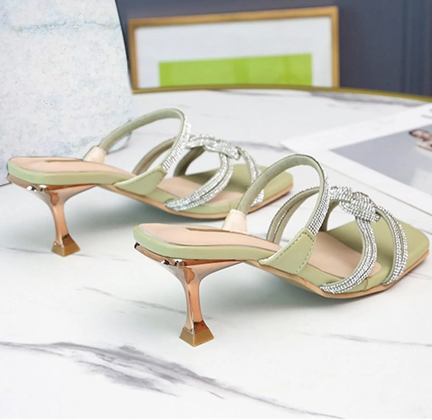 Women's Heeled Sandals Open Toe Stiletto Heel Slingback Pumps Square Toe Double Strap Mules for Part Wedding