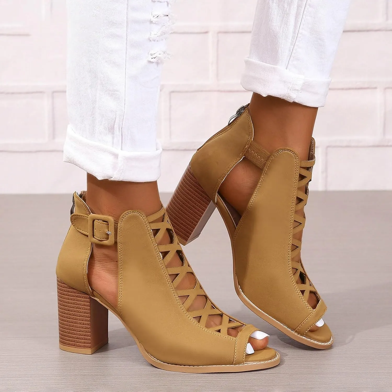 Women's Open Toe Booties with Block Heel and Side Comfortable and Stylish Cut Out Thong High Heels Sandals for Women