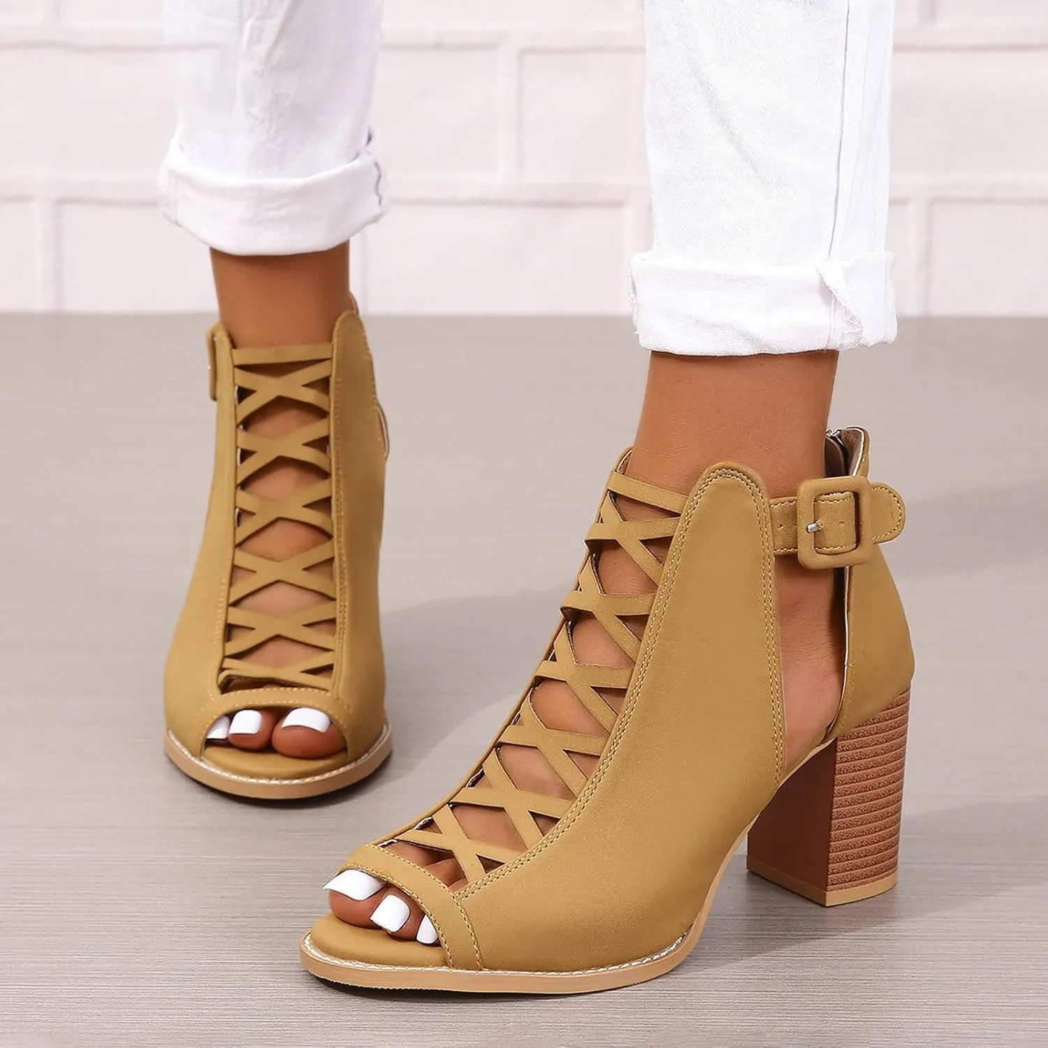 Women's Open Toe Booties with Block Heel and Side Comfortable and Stylish Cut Out Thong High Heels Sandals for Women