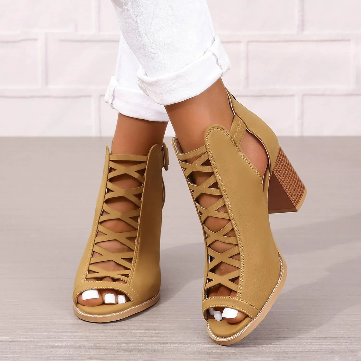 Women's Open Toe Booties with Block Heel and Side Comfortable and Stylish Cut Out Thong High Heels Sandals for Women