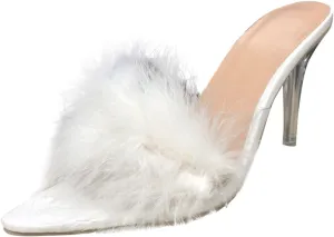 Women's Sandals Square Toe Lw Stiletto Heels Mules Fuzzy Slip on Pointed Slingback Wedding Part Dress Shoes (White, 9)