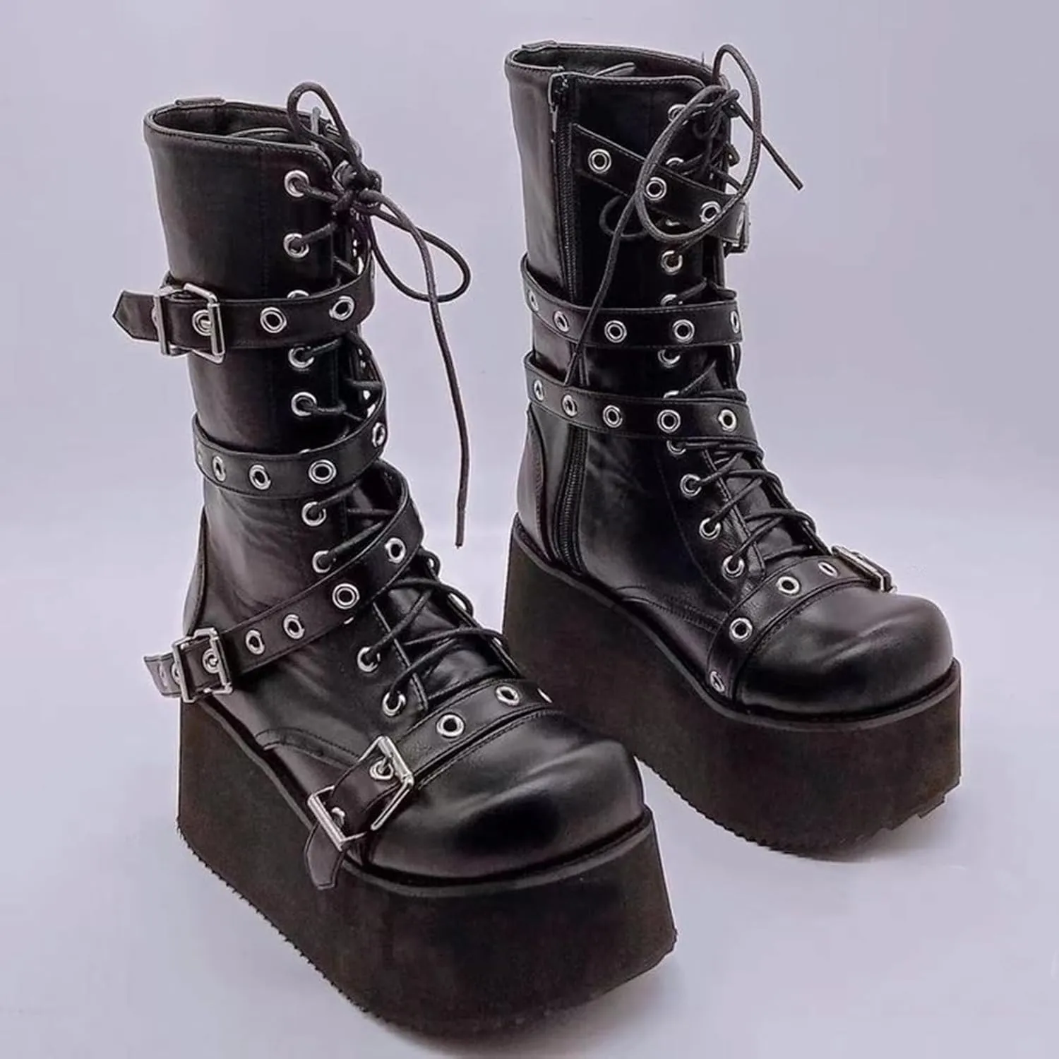ZDLJYL Women Black Platform Goth Boots Mid Calf with Heel Knee High Boots Winter Chunky Heel Punk Rave Boots Girls Chain Platform Boots Lace Up Combat Booties