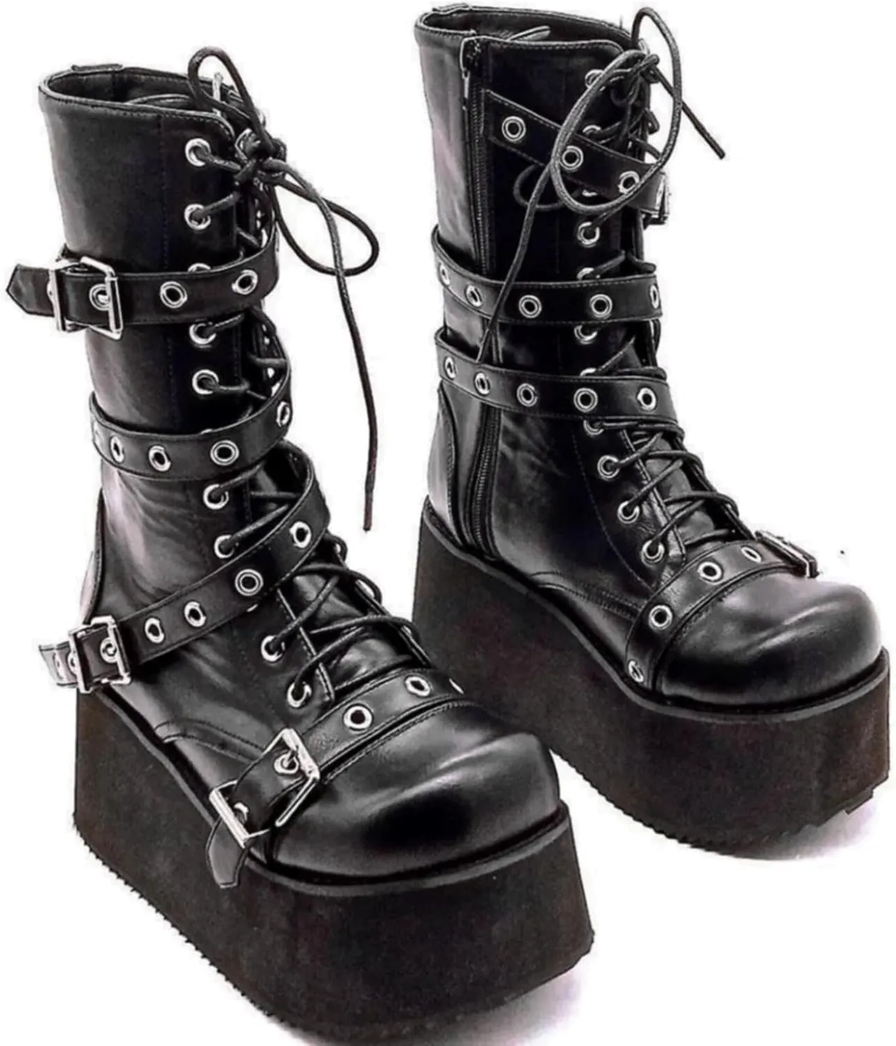 ZDLJYL Women Black Platform Goth Boots Mid Calf with Heel Knee High Boots Winter Chunky Heel Punk Rave Boots Girls Chain Platform Boots Lace Up Combat Booties