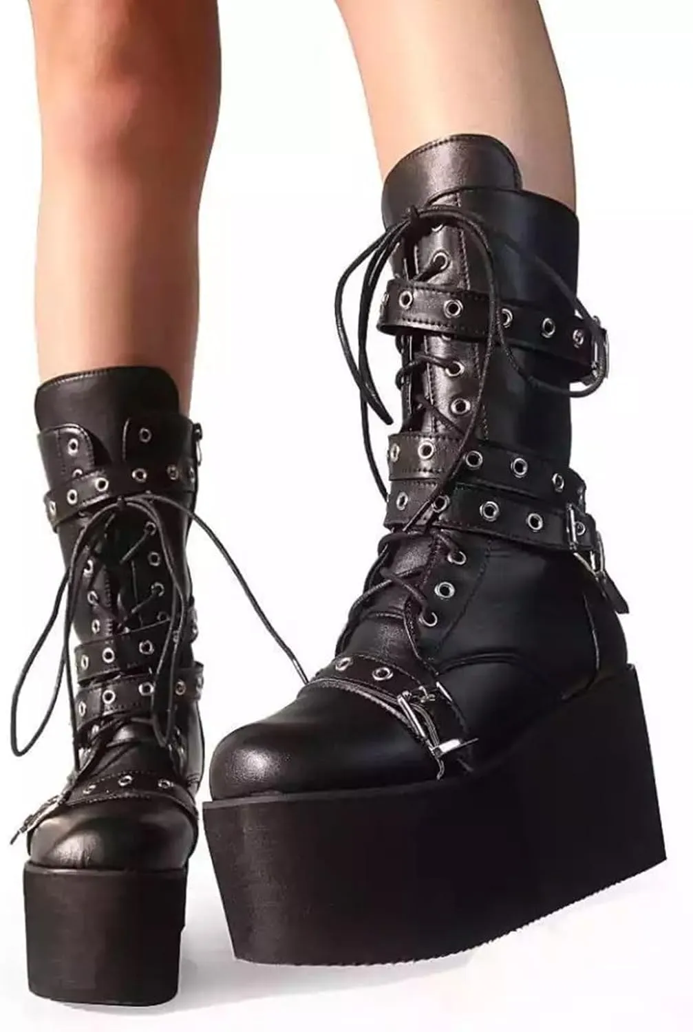 ZDLJYL Women Black Platform Goth Boots Mid Calf with Heel Knee High Boots Winter Chunky Heel Punk Rave Boots Girls Chain Platform Boots Lace Up Combat Booties