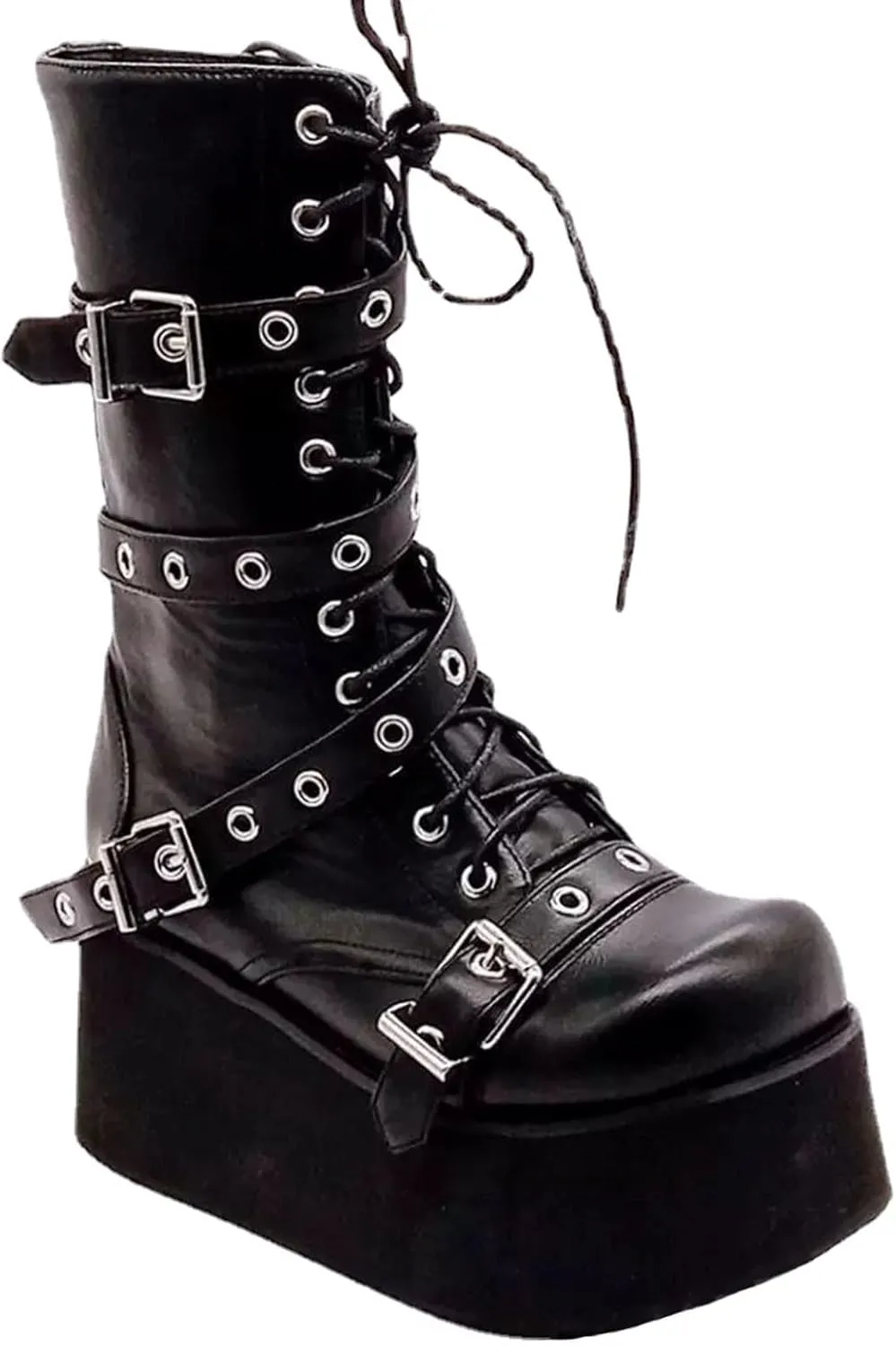 ZDLJYL Women Black Platform Goth Boots Mid Calf with Heel Knee High Boots Winter Chunky Heel Punk Rave Boots Girls Chain Platform Boots Lace Up Combat Booties